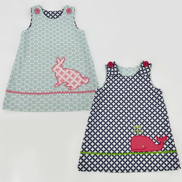 SHRIMP & GRITS Bunny/Whale Reversible Mixed Media Button Overall Sundress - Picture 1 of 11